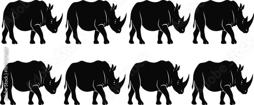 Black Rhinoceros Silhouette Pattern Vector Set with Eight African Rhino Icons Isolated on White Background for Wildlife Conservation Graphics and Nature Design