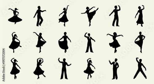 Dynamic black silhouettes of people dancing and posing in various expressive movements.