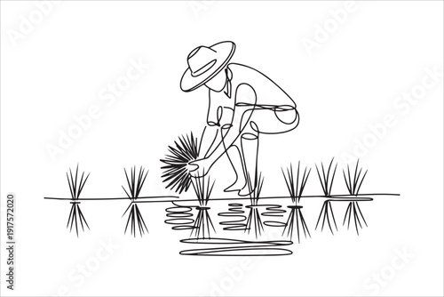 Farmer Planting Rice Seedlings, Continuous Line Art. Continuous line  drawing of a farmer wearing a hat planting rice seedlings in a paddy field,