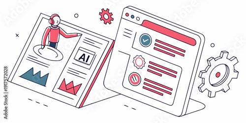 Illustration of a person analyzing data with graphs and charts on a tablet