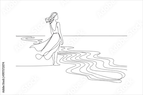 Woman Walking on Beach, Minimal Continuous Line Art. Continuous line drawing of beautiful woman standing on the beach wearing bikini. Vector illustration