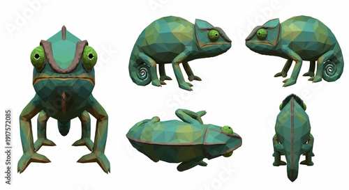 Low-poly cartoon chameleon character model sheet from multiple angles with green and teal colors.