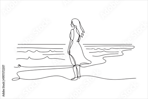 Continuous one single line art girl walking on sand beach concept vector style, Woman Walking on Beach, Minimal Continuous Line Art