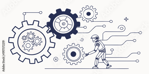 A futuristic robot interacting with large mechanical gears and circuit diagrams.