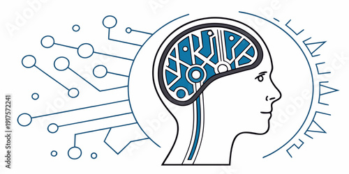 Illustration of a human head with interconnected brain and technology