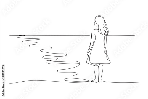 Continuous one single line art girl walking on sand beach concept vector style, Woman Walking on Beach, Minimal Continuous Line Art