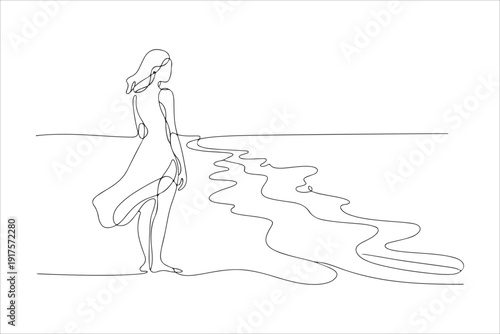 Continuous one single line art girl walking on sand beach concept vector style, Woman Walking on Beach, Minimal Continuous Line Art