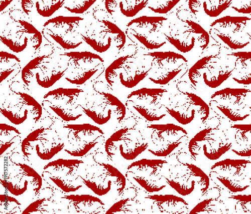 Seamless pixel background with silhouettes of shrimp.