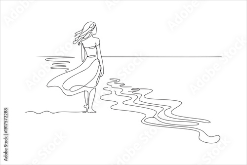 Continuous one single line art girl walking on sand beach concept vector style, Woman Walking on Beach, Minimal Continuous Line Art