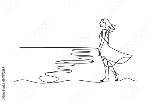 Continuous one single line art girl walking on sand beach concept vector style, Woman Walking on Beach, Minimal Continuous Line Art