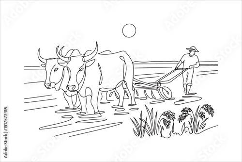 Black and white farmer with oxen plowing field line art, Traditional Farming with Oxen Plowing the Field Line Art Drawing Vector Illustration
