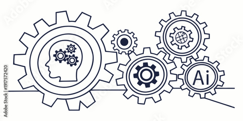 Intricate gears with brain and ai symbol illustrating human intelligence and artificial intelligence