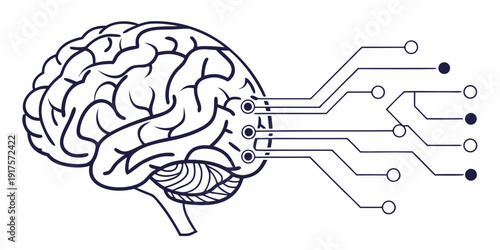 Illustration of a human brain connected to a circuit board representing ai and human intelligence.