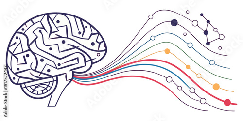 Illustration of brain activity with colorful neural pathways extending outward