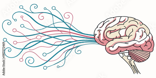 Intricate illustration of a brain with colorful, flowing lines and patterns.