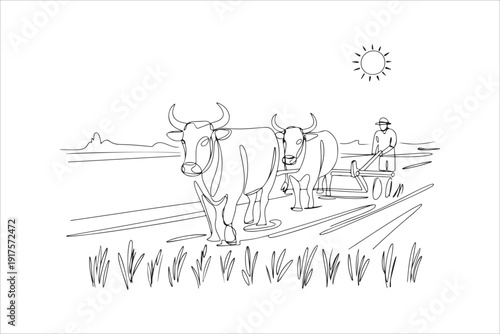 Black and white farmer with oxen plowing field line art, Traditional Farming with Oxen Plowing the Field Line Art Drawing Vector Illustration
