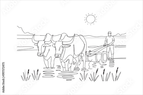 Black and white farmer with oxen plowing field line art, Traditional Farming with Oxen Plowing the Field Line Art Drawing Vector Illustration
