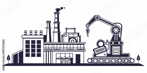 A bustling industrial scene with factories, machinery, and construction equipment