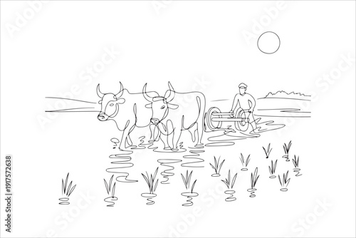  Farmer plowing field with two oxen and traditional wooden plow. Farmer Ploughing Field with Oxen, Rural Agriculture Line Art Illustration