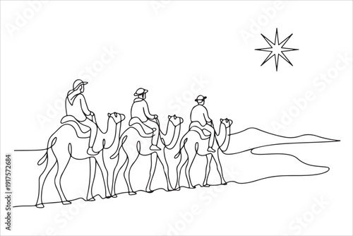Continuous one line drawing of three wise men riding camels in desert vector. Wise Men Following the Star, Continuous Line Art