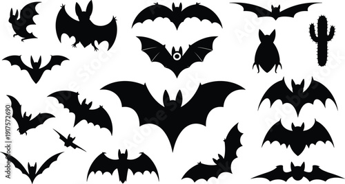 Bat silhouette collection, halloween flying bats set, spooky animal icons, black winged mammal shapes, isolated vector clipart, cad drawing flat vector illustration