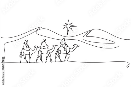 Biblical Magi Journey in One Continuous Line Art vector. Wise Men Journey Continuous Line Art