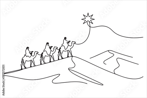 Biblical Magi Journey in One Continuous Line Art vector. Wise Men Journey Continuous Line Art