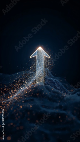 Glowing ethereal arrow on a dark, textured background with sparkling particles suggesting growth and progress