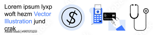 Financial transactions, digital wallets, medical services, healthcare, fintech, business solutions. Dollar symbol and payment card with terminal. Financial transactions and digital wallets concepts