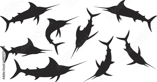 Swordfish silhouette collection, dynamic marine predator shapes, ocean wildlife flat vector illustration isolated on white background for design use