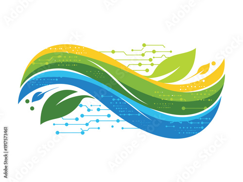 Abstract wave of green leaves and electronic circuit traces symbolizing environmental technology and sustainable innovation