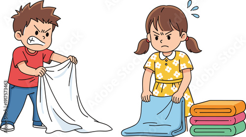 Angry Kids Folding Laundry Illustration Showing Frustrated Boy and Girl with Clothes and Towels, Household Chores Concept in Cute Cartoon Vector Style