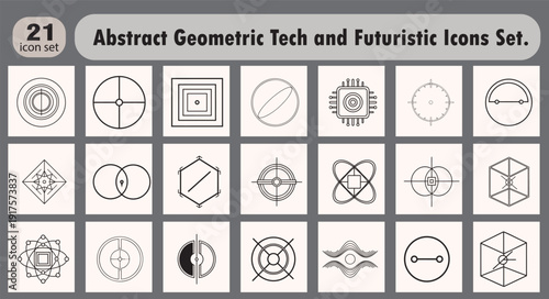 Abstract Geometric Tech and Futuristic Icons Set. Target, core, connection, quantum, digital, data, network, complex system vector symbols.