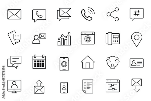Communication & Technology Black Line Icon Set – Outline Contact, Message, Phone, Web Symbols Collection