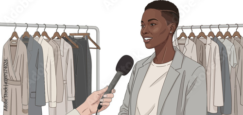 African american woman being interviewed with a microphone in a clothing boutique