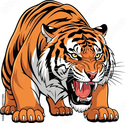 Aggressive tiger charging forward with fierce expression