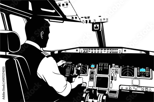 Airline captain operating controls in commercial aircraft cockpit silhouette
