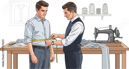 Bespoke tailor measuring a clients waist for a custom suit