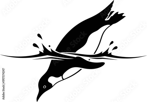 Black silhouette of a penguin diving into the ocean with splashes