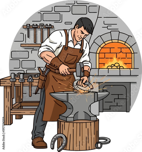 Blacksmith forging horseshoe at anvil in traditional smithy