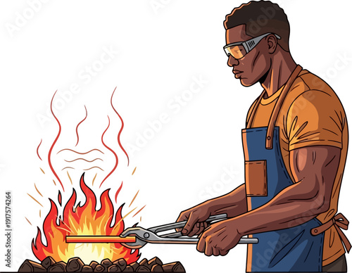 Blacksmith forging hot metal over open fire forge