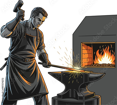 Blacksmith hammering hot metal on anvil in workshop