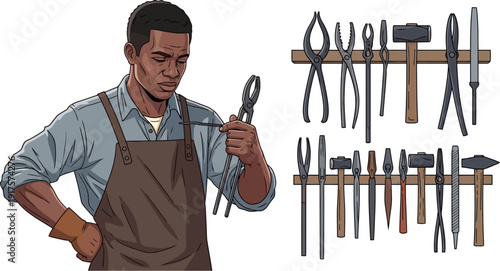 Blacksmith holding metal piece with tongs in workshop with tools