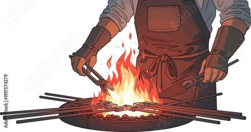 Blacksmith heating metal rods in a glowing forge fire with tongs