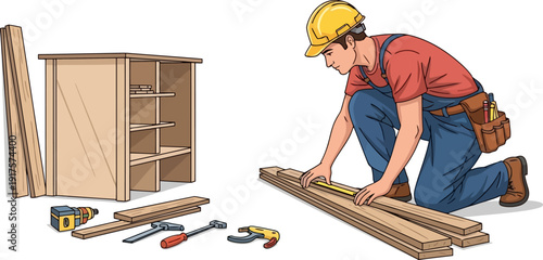 Carpenter measuring wood for furniture construction
