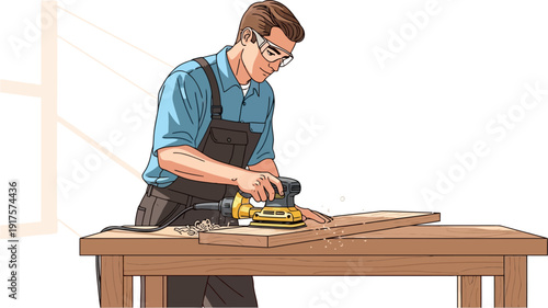Carpenter using electric orbital sander on wood plank
