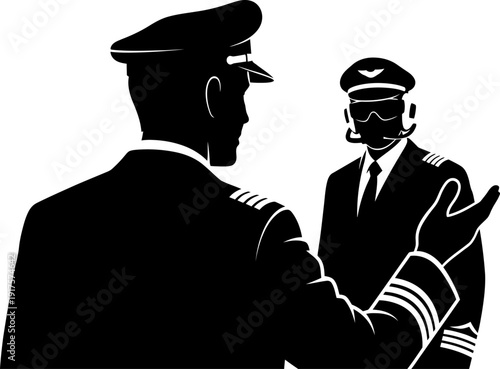 Dark silhouette of two airline pilots in uniform having a professional conversation