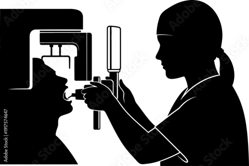 Dental assistant performing dental x-ray on patient silhouette
