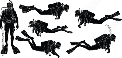 Professional scuba diver silhouette set with underwater swimming poses, snorkeling gear, oxygen tanks, diving equipment icons, and nautical sport adventure elements.