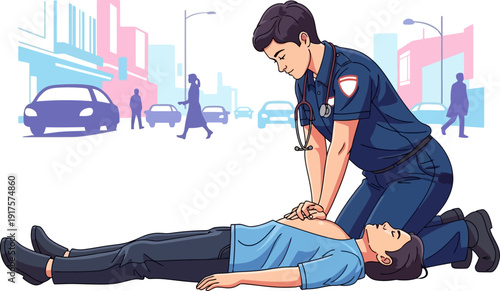 Emergency medical technician performing cpr on a patient in the city